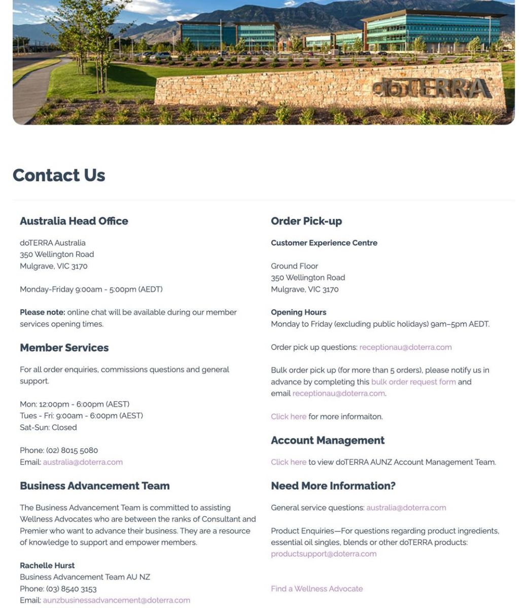 doTERRA Austrlia Member Services contact, phone number, email